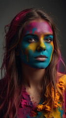 Obraz premium Closeup Portrait of a Woman at Indian Holi Festival: Explosion of Colors and Joy, Perfect for Cultural Celebrations and Festive Imagery