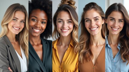 Mosaic collage of female businesswomen of multiethnic face and different ages, portraits of successful women