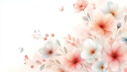  Gentle watercolor background with soft pastel flower petals in pink and peach tones