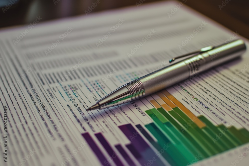 Poster Silver Pen Resting on a Page of Financial Data and Charts