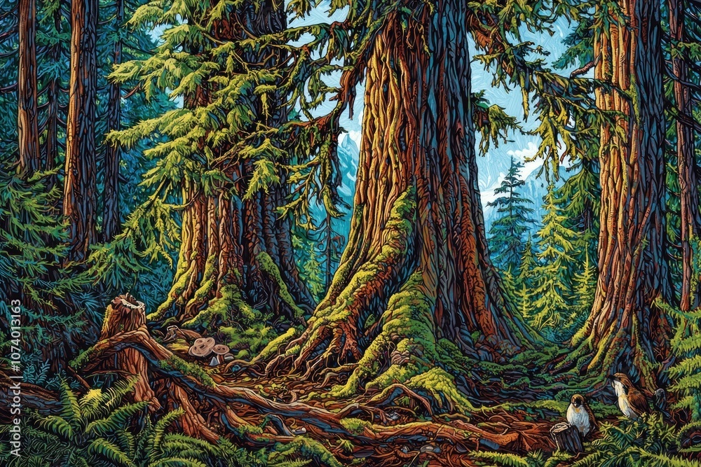 Poster A close-up view of the base of a towering redwood tree in a lush forest