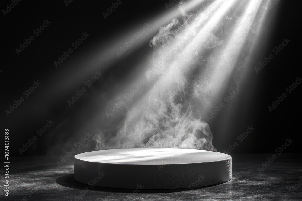 Poster a circular platform with smoke and light streaks against a dark background
