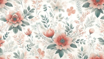 Unique watercolor background with coral and sage floral motifs, creating soft, vintage-inspired botanical design