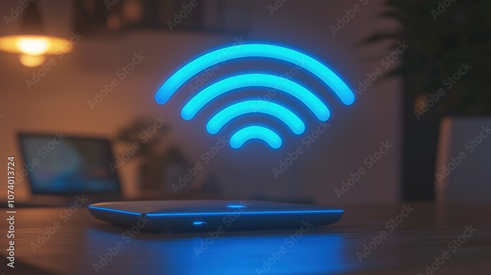Poster a blue wireless signal icon hovering above a modern router