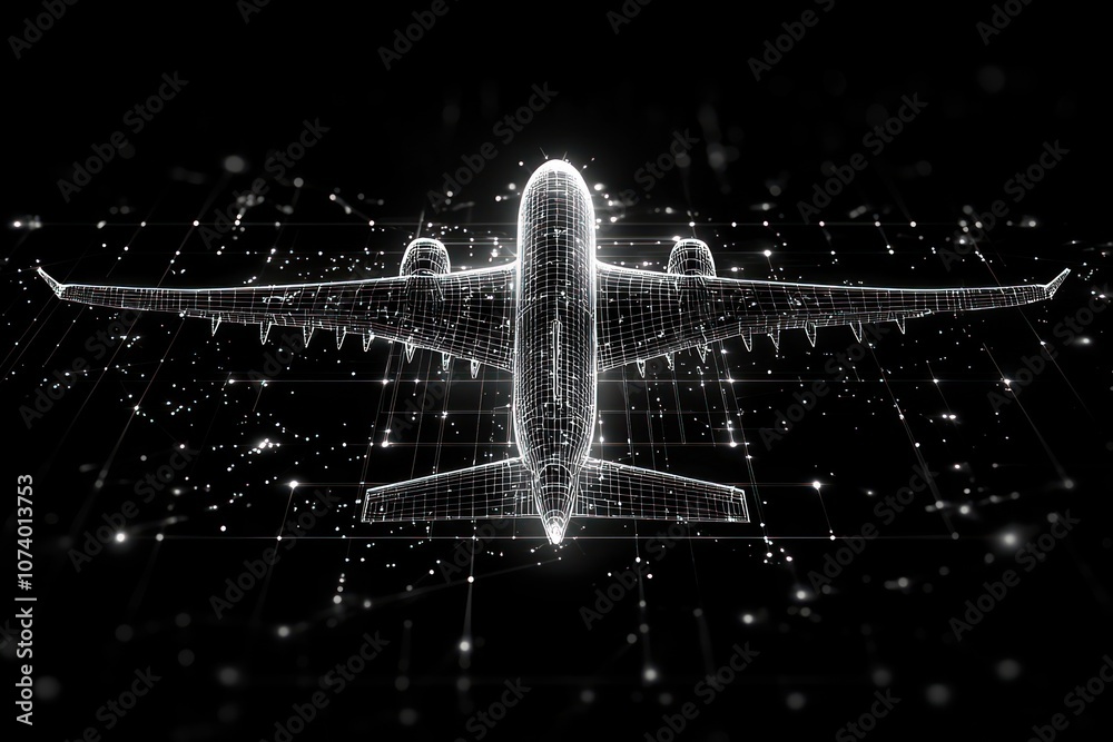 Poster wireframe airplane with light streaks and white dots on a black background