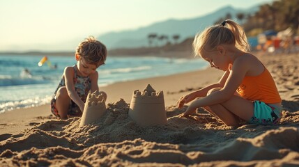 Children building sandcastles on sunny beach, perfect family holiday destination promoting travel agencies