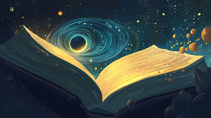 Naklejka premium Solar system emerging from an open book. Arcane. Illustration