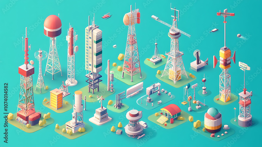 Poster A 3D isometric flat vector set featuring various telecom towers and radio communication structures