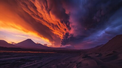 Naklejka premium A fiery volcanic eruption illuminates the sky as dark clouds billow in the distance.