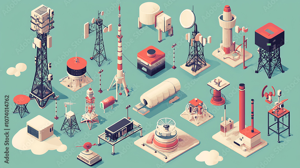 Poster A 3D isometric flat vector set featuring various telecom towers and radio communication structures