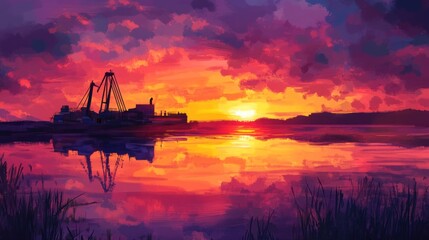 A vibrant sunset over a still lake, reflected in the water, with a silhouetted crane and factory in the distance.