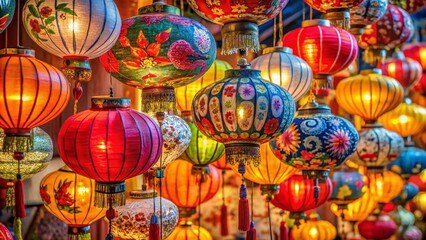 A Captivating Collection of Colorful Hanging Chinese Lanterns Isolated on a Crisp White Background, Perfect for Cultural Themes and Festive Decorations in Stock Photography