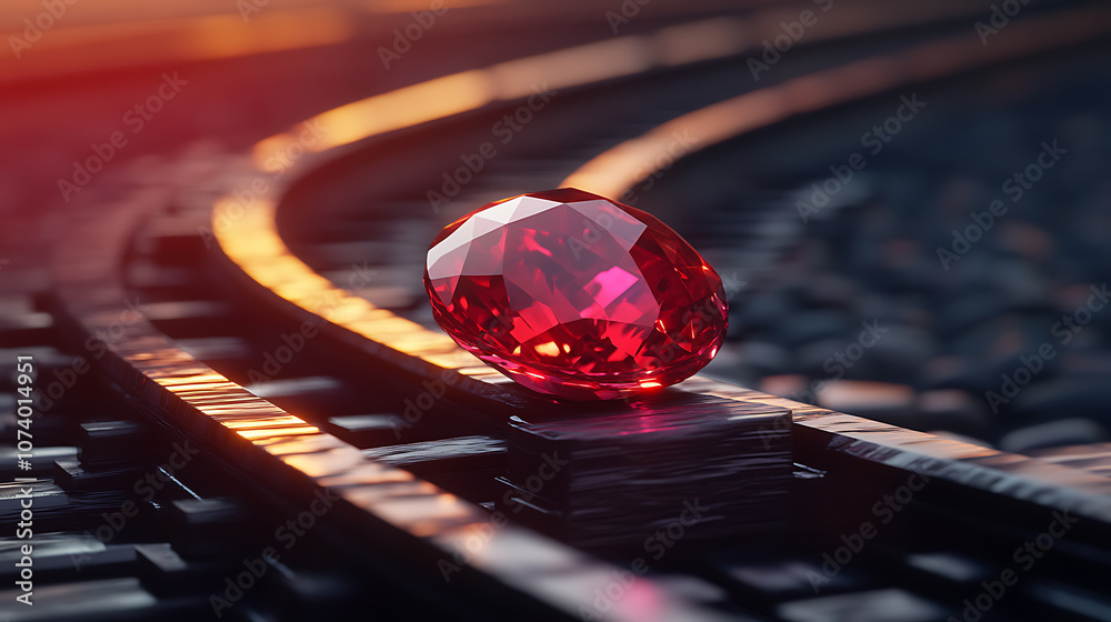 Poster A conceptual image depicting Ruby on Rails programming with a red gemstone symbolizing Ruby and train tracks representing the Rails framework, illustrating the dynamic nature of web development