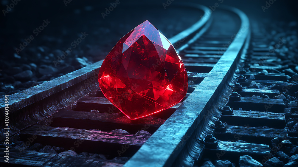 Poster A conceptual image depicting Ruby on Rails programming with a red gemstone symbolizing Ruby and train tracks representing the Rails framework, illustrating the dynamic nature of web development