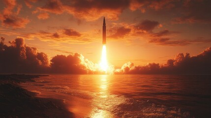 A rocket launch at sunset over the ocean with dramatic clouds.