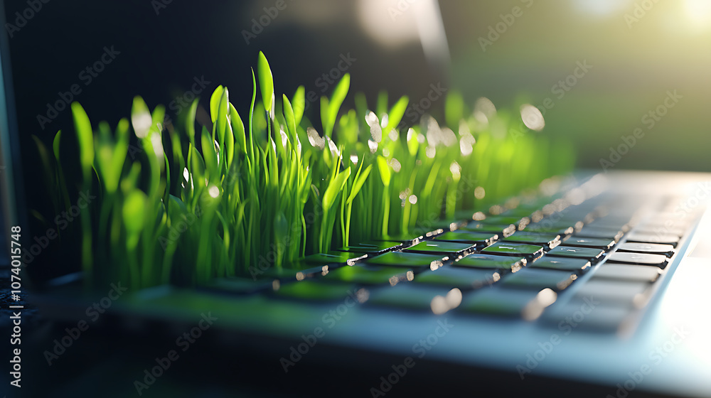 Poster A laptop with vibrant green grass sprouting from its keyboard, symbolizing sustainable and ecological work practices
