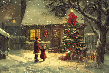 Naklejka premium An image of a snowy Christmas scene featuring a parent and child in festive attire standing outside a decorated house, admiring a Christmas tree adorned with ornaments and presents beneath it