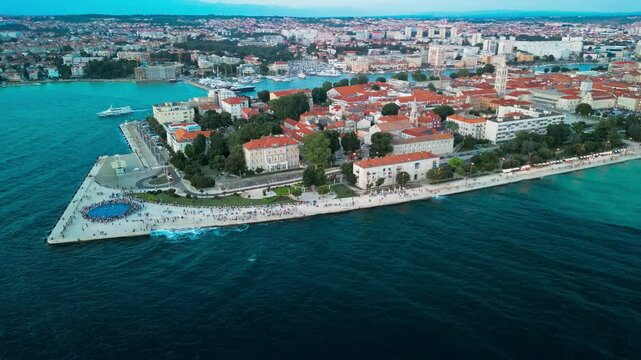 Zadar, Croatia. Aerial view of city center and main landmarks at sunset
