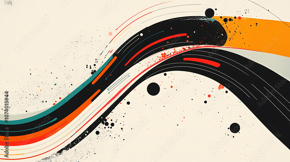 Poster a modern, abstract digital art piece featuring two curved lines with multiple color streaks and dots