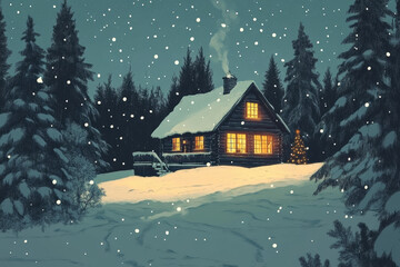 Fototapeta premium An image of a cozy log cabin with glowing windows and smoke rising from the chimney, nestled in a snowy forest at night with snow falling gently and a small lit Christmas tree outside.