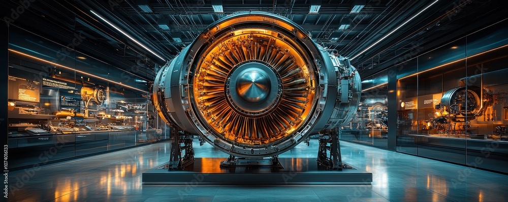 Poster jet engine display in modern museum setting