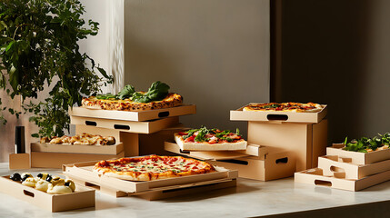 A pile of artisanal pizza boxes along with a display box