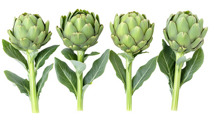 Obraz premium Four artichoke buds arranged in a row with stems and leaves isolated on a white background in a transparent PNG format.