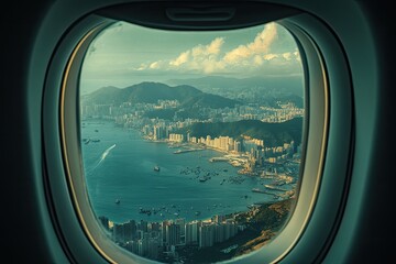 Fototapeta premium Airplane window view of Hong Kong. This photo is perfect for travel, transportation, and cityscape themes.
