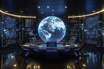 Futuristic global network command center monitoring planet earth data analysis