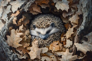 Hedgehog Nestled in Leaves