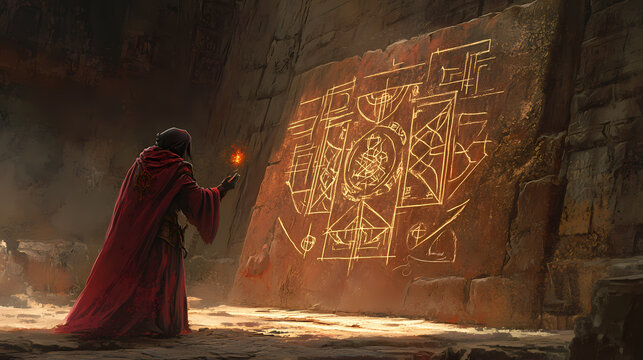 Warlock inscribing arcane symbols into stone. Arcane. Illustration