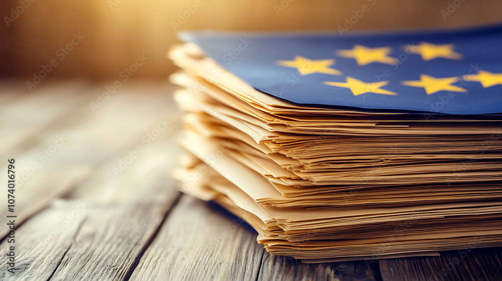 Aufkleber A stack of documentation on a wooden table with written AI regulation, highlighting EU laws and policies aimed at ensuring AI safety and ethical standards in technology development