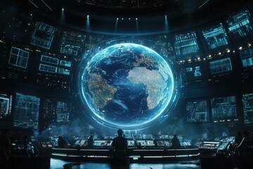 Engineers working in global network command center analyzing holographic earth display