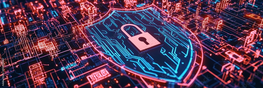 Poster Glowing Cyber Security Shield with Padlock on Circuit Board