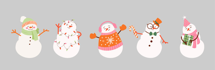 Set of cute snowmans in  in a scarf with a gift. Holiday cartoon and character in scarf and hat flat style on pink background. Print, wrapping paper, wallpaper. Merry Christmas and happy new year