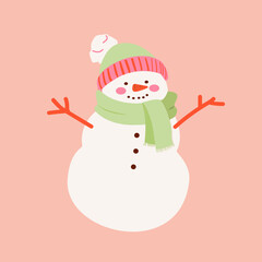 Cute snowman in in a sweater and mittens. Holiday cartoon and character in scarf and hat flat style on pink background. Print, wrapping paper, wallpaper. Merry Christmas and happy new year