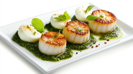 Grilled Scallops with Creamy Sauce and Basil Garnish