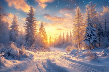 A beautiful winter landscape illuminated by the warm glow of sunrise, with a snow-covered path winding through a forest of tall, frosty pine trees.