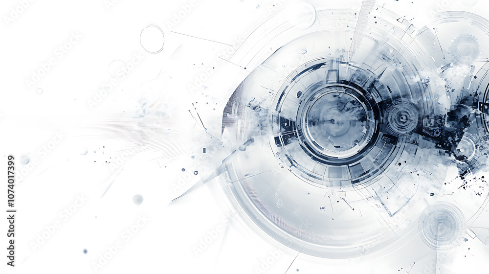 Poster Abstract background with gears and technology elements in gray color on white paper