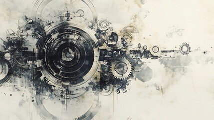 Abstract background with gears and technological elements, gray color on white paper