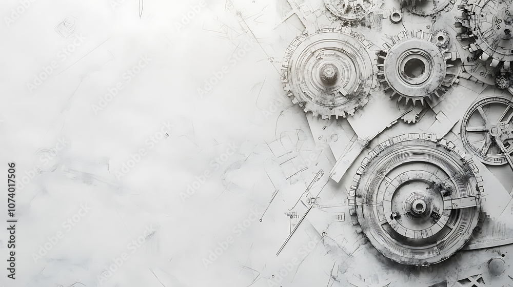 Poster Abstract background with gears and technology elements in gray color on white paper