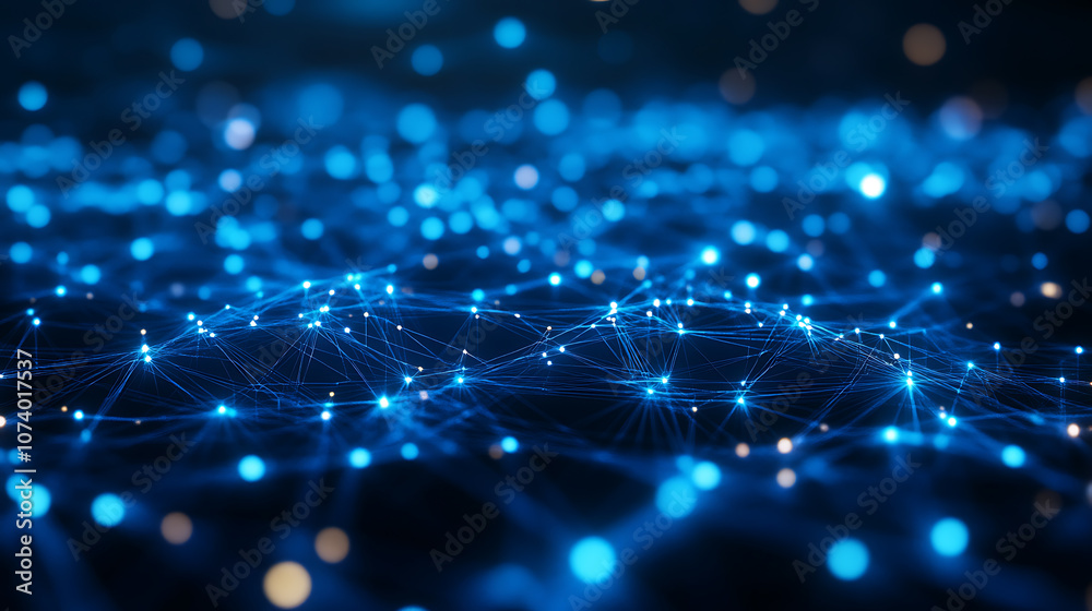 Poster abstract background with glowing blue light and grid pattern on dark blue backdrop, technology conce
