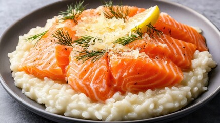 Fresh Salmon on Creamy Risotto with Lemon Garnish
