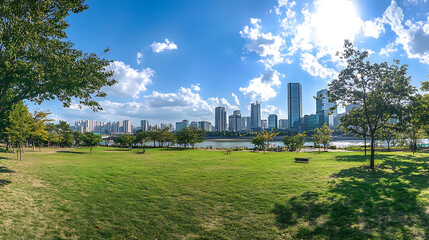 A wide-angle shot of an urban park with skyscrapers in the background, including Seoul's Strange Tower building and Han River