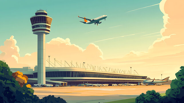 An illustration of the Changi Airport control tower, highlighting its modern architecture and importance in the aviation industry, travel, and tourism sectors