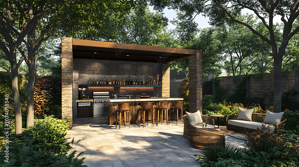 Aufkleber an outdoor entertainment area with a built-in barbecue and a bar setup