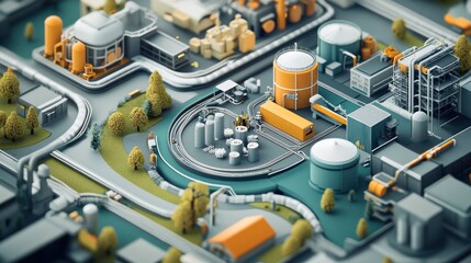 Isometric model of an industrial complex in the urban center