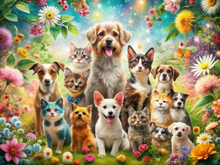 Adorable Double Exposure of Cute Cartoon Pet Animal Group, Featuring Dogs, Cats, and More in Full Body, Perfect for Illustrative and Whimsical Designs
