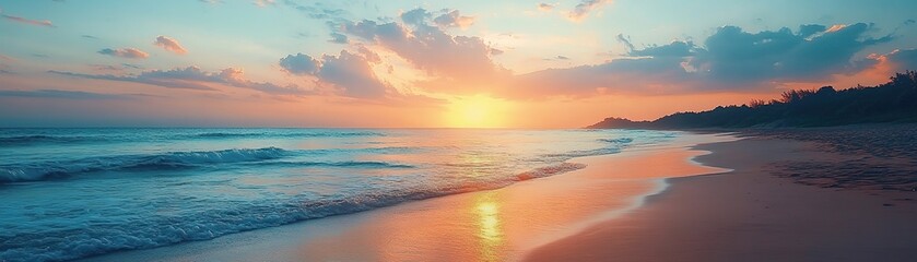 Obraz premium Experience the tranquility of a stunning beach sunset with vibrant colors and calm waves