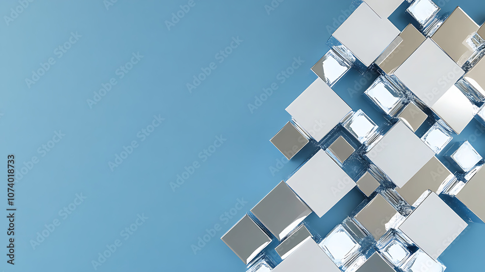 Poster blue background with white and silver squares in the lower right corner, representing technology or 